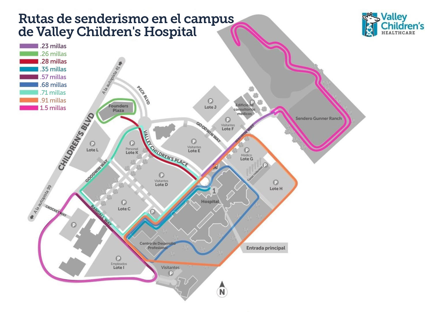 Un mapa que muestra senderos para caminar en el campus de Valley Children's Hospital
