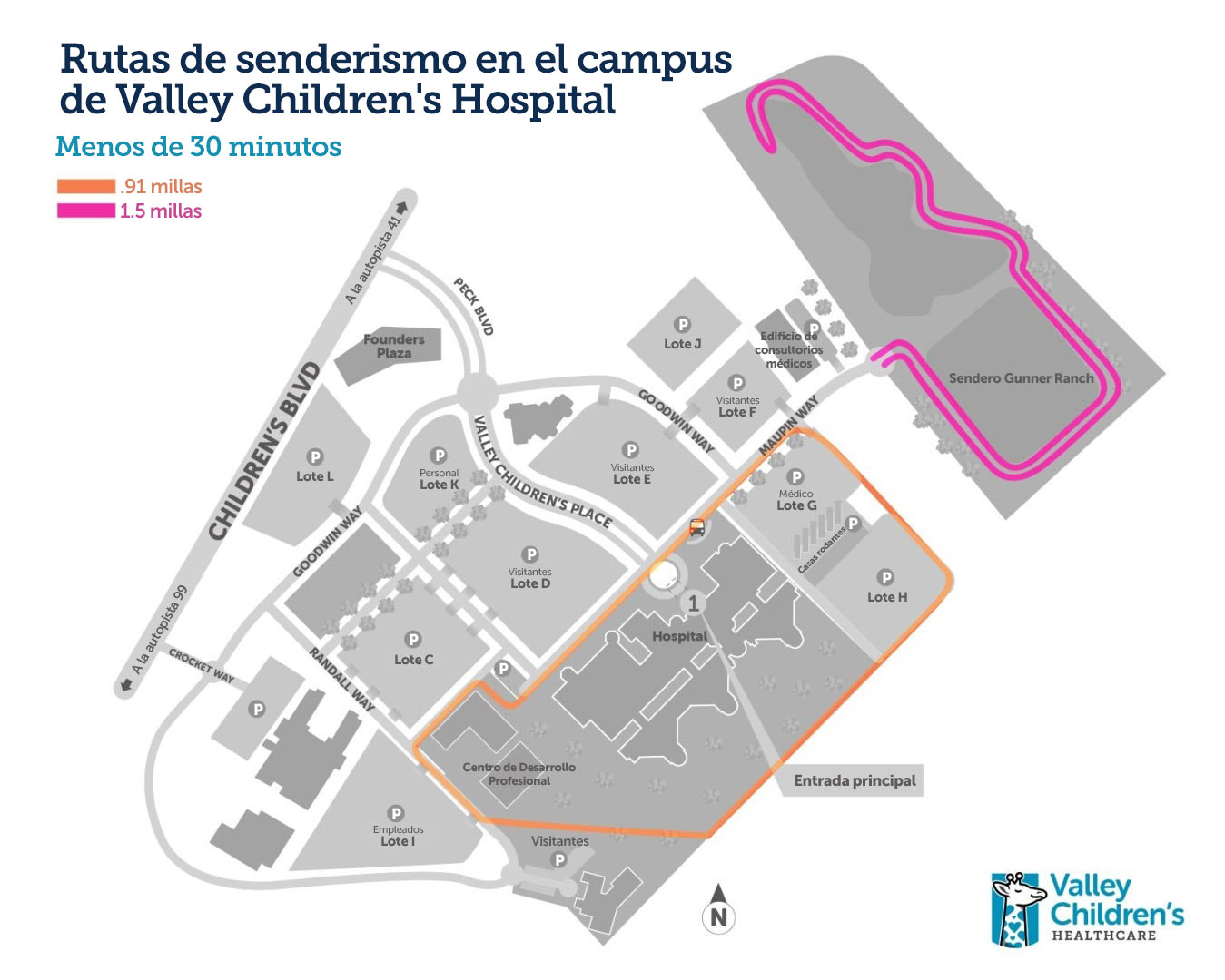 Un mapa que muestra senderos para caminar menos de 30 minutos en Valley Children's Hospital