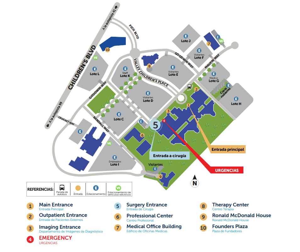 Un mapa del campus de Valley Children's Hospital que destaca la entrada de la cirugía