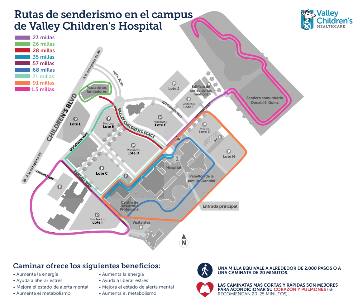 Un mapa que muestra todas las rutas de senderismo en el campus de Valley Children's Hospital