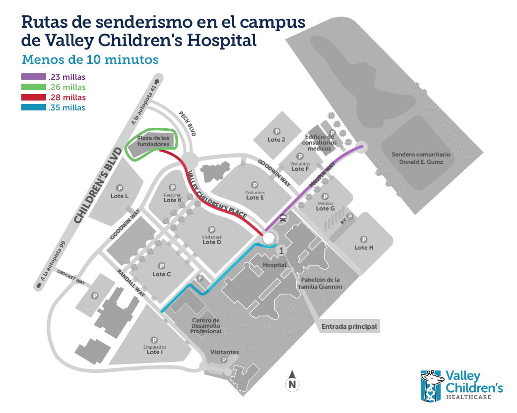 Un mapa que muestra rutas a pie a menos de 10 minutos en el campus de Valley Children's Hospital