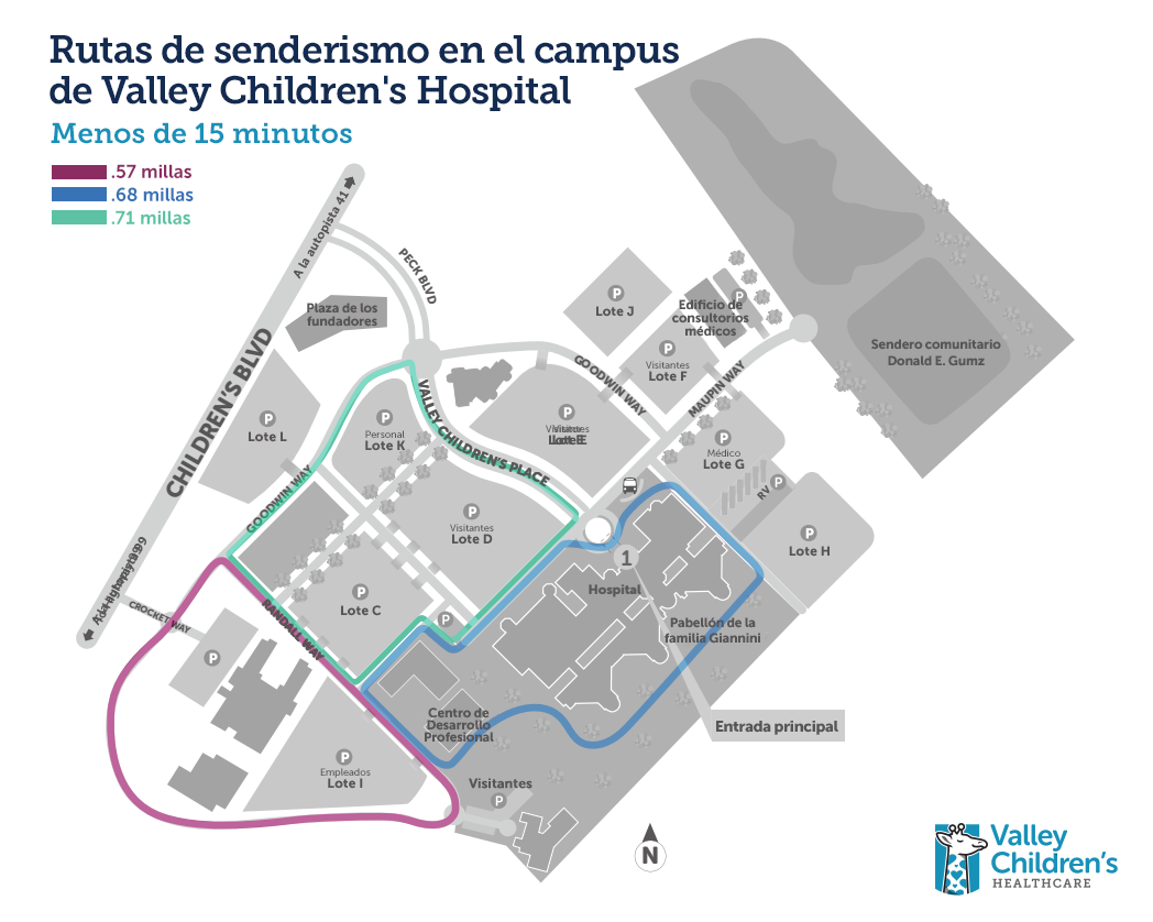 Un mapa que muestra rutas a pie a menos de 15 minutos en el campus de Valley Children's Hospital