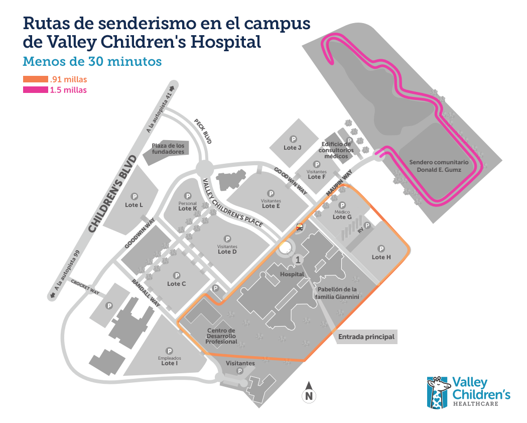 Un mapa que muestra rutas a pie a menos de 30 minutos en el campus de Valley Children's Hospital