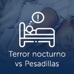Contorno de la vista lateral de una persona en una cama con un signo de exclamación en un globo de pensamiento y las palabras Terror nocturno vs. Pesadillas
