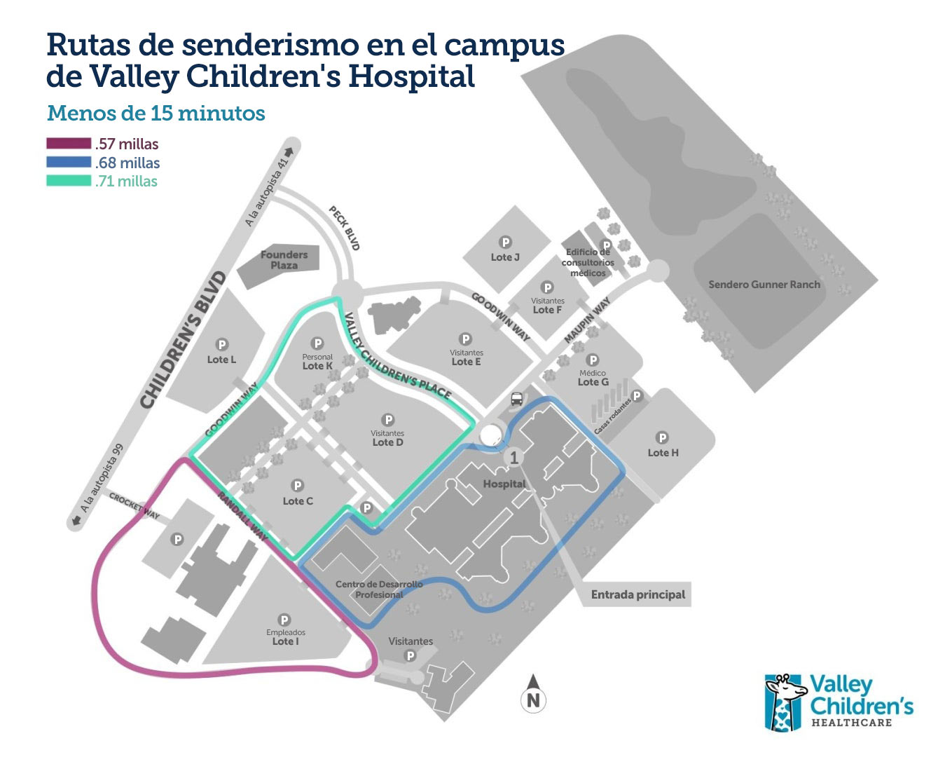 Un mapa que muestra senderos para caminar menos de 15 minutos en el campus de Valley Children's Hospital